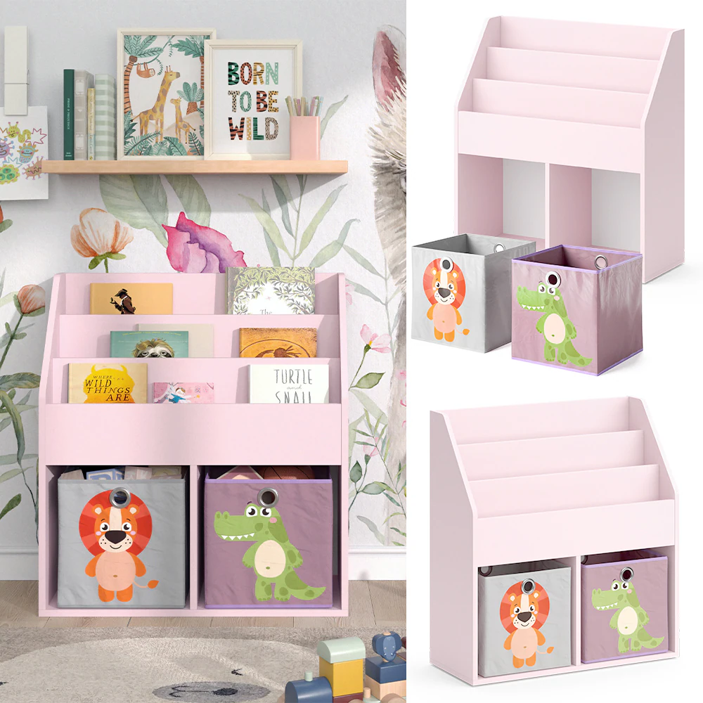 Vicco Kinderbücherregal Luigi 72 x 79 cm, Rosa, Kinderzimmerregal, mit Faltboxen