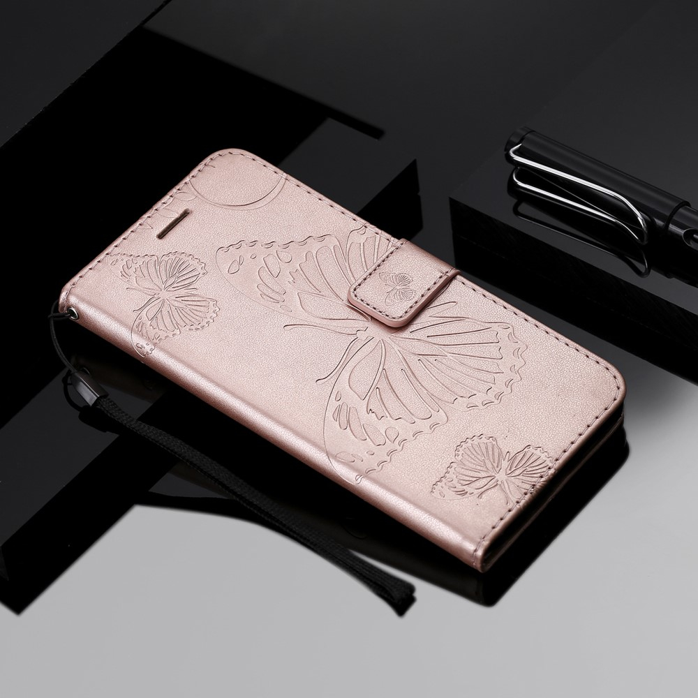 iPhone 13 Leder Tasche mit Kartenfach   Handschlaufe Schmetterling - Roségold