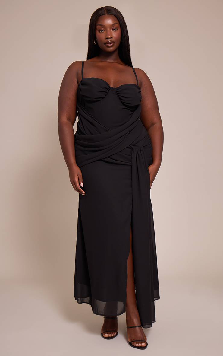 Noir Robe Longue En Mousseline Avec Détail Drapé Grande Taille