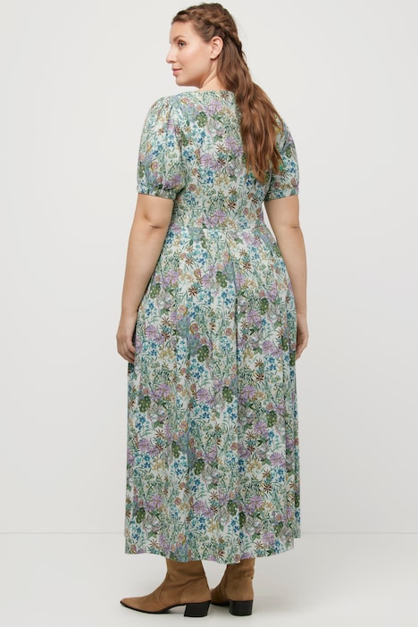 Midikleid, Blüten, Leinenmix, Rundhals, Puff-Halbarm
