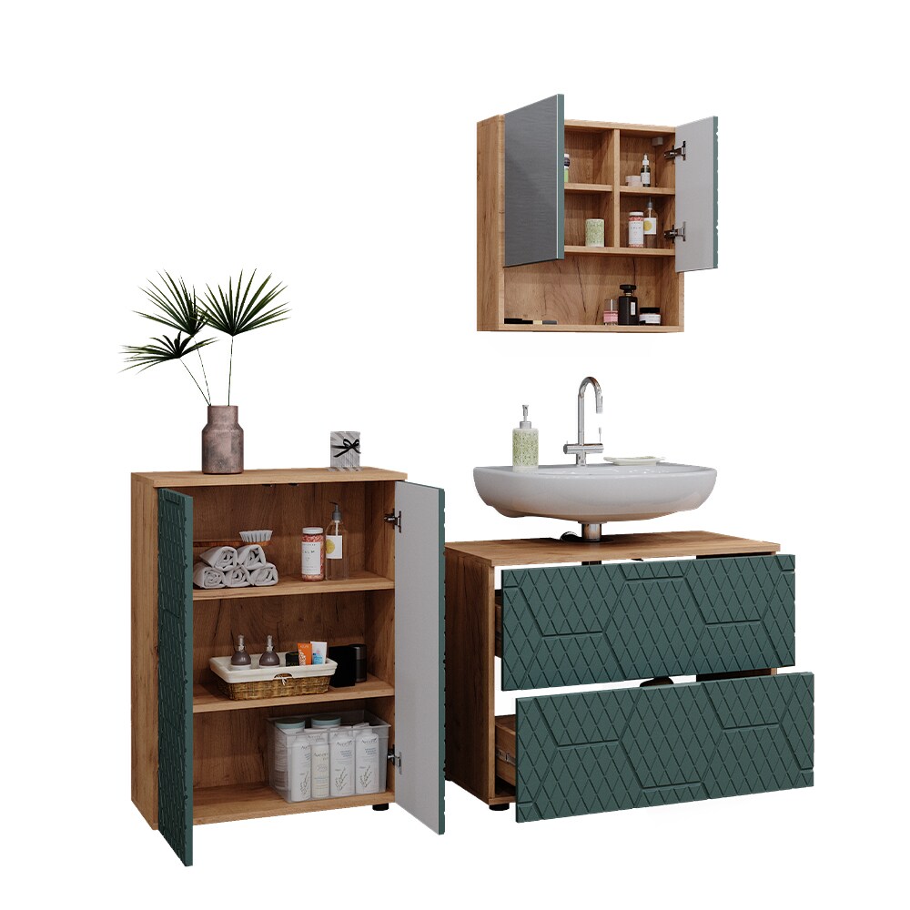 Vicco Badmöbel-Set Irma Eiche Grün 3-teilig Kommode Waschbeckenschrank 80 cm