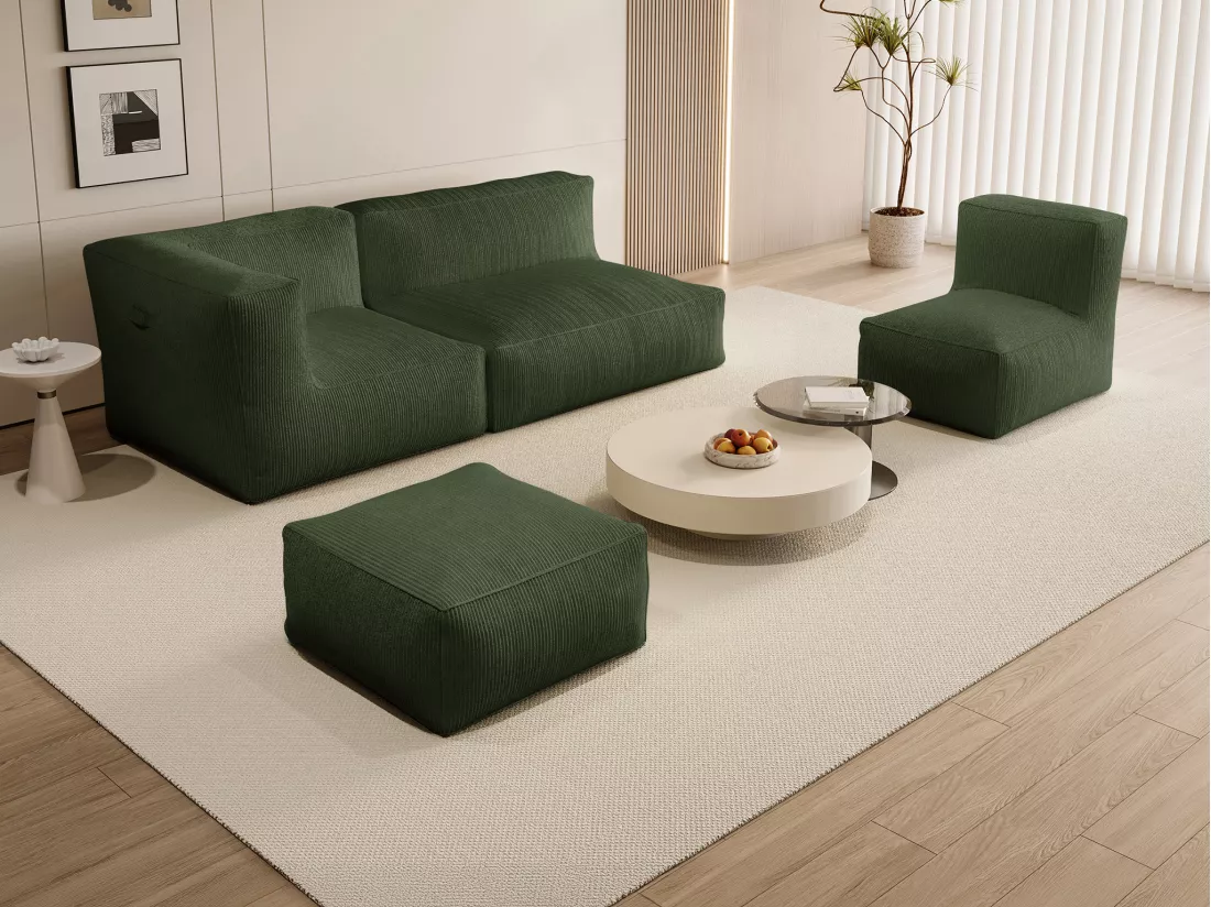 Canapé modulable avec fauteuil et pouf en velours côtelé vert NOUMARA