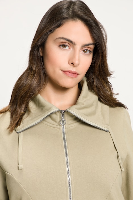 Sweatjacke, drapierter Stehkragen, Kunstleder-Details