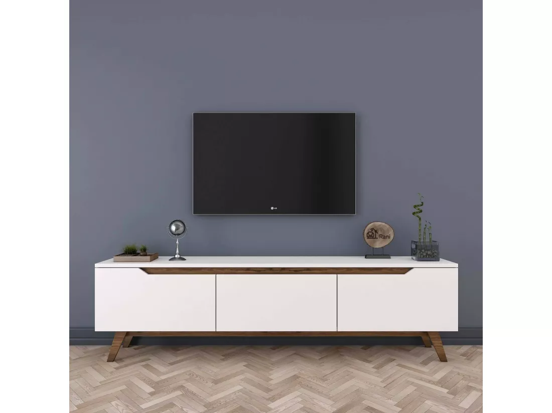 Meuble TV Cor, Buffet de salon, Armoire basse pour TV, Base murale de rangement, 180x35h49 cm, Blanc et Noyer