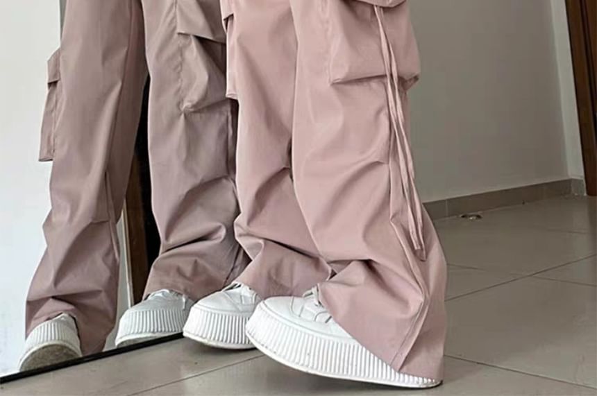 Mushini - Mid Rise Plain Drawstring Cargo Baggy Pants