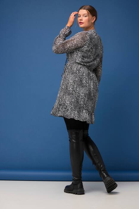 Leo-Kleid, A-Line, Minimal-Leo Chiffon, Tunika-Ausschnitt, Langarm, schwarz