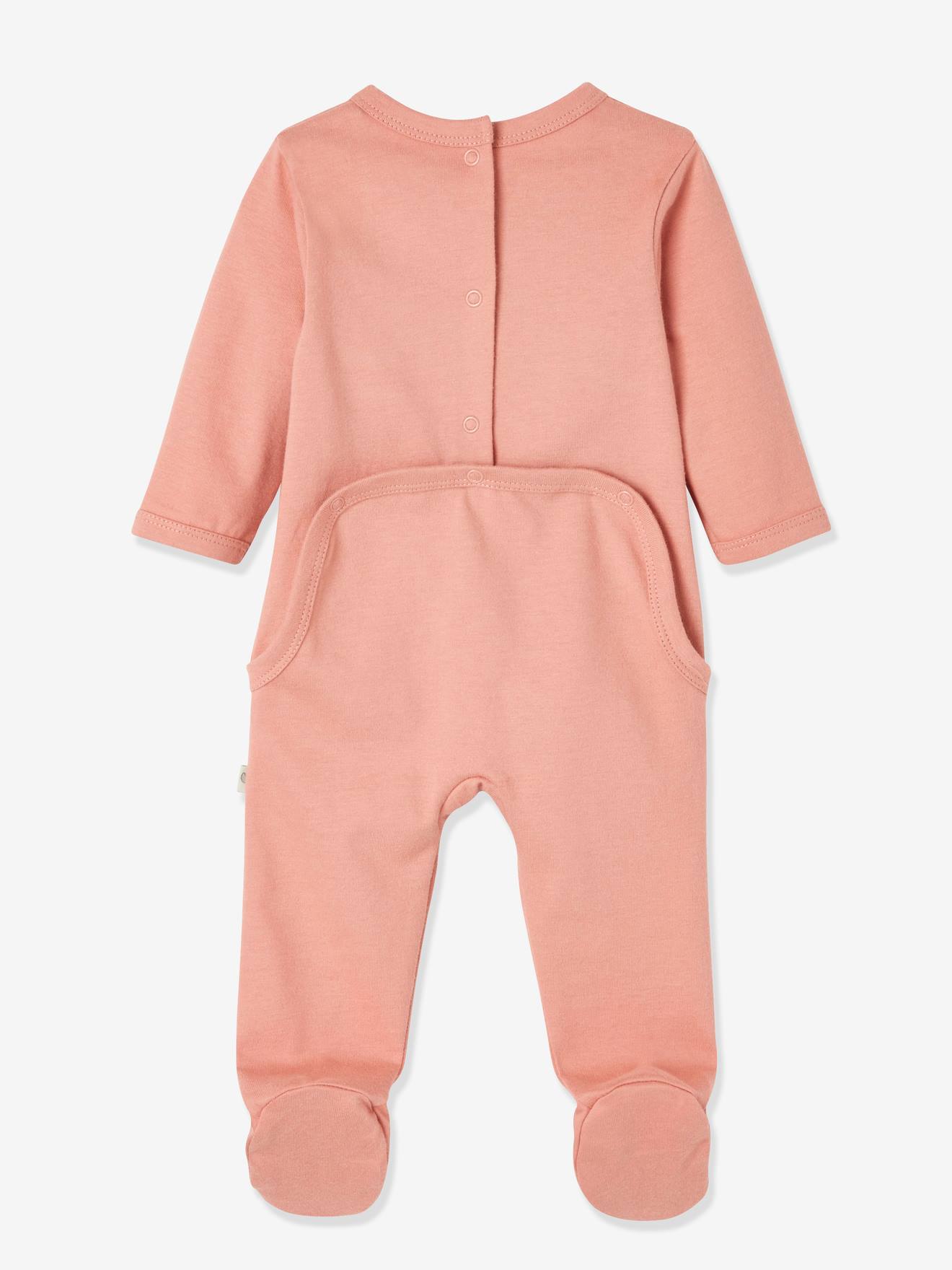 Conjunto de 2 pijamas de algodão orgânico para recém-nascidos, lisos rosa claro com estampas.