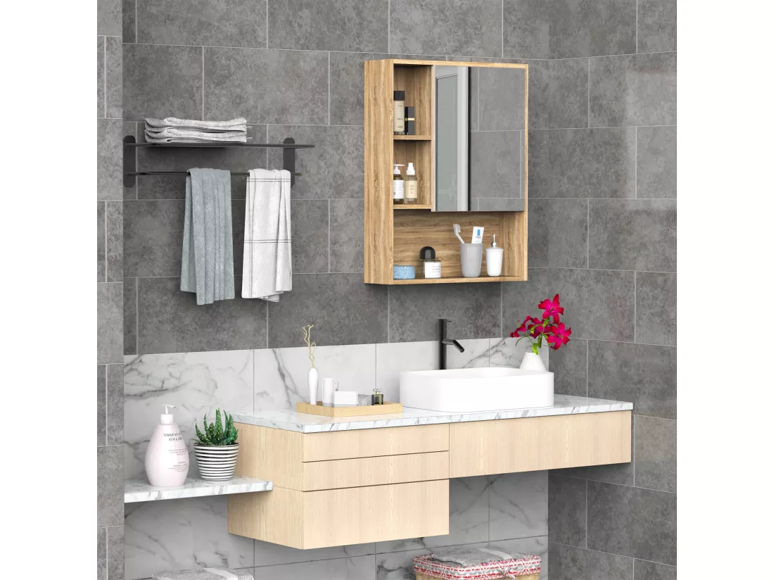 Armoire murale de rangement salle de bain avec porte miroir couleur bois de chêne dim. 60L x 15l x H76 cm
