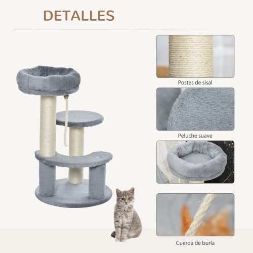Arranhador de 3 níveis para gatos PawHut, cinza