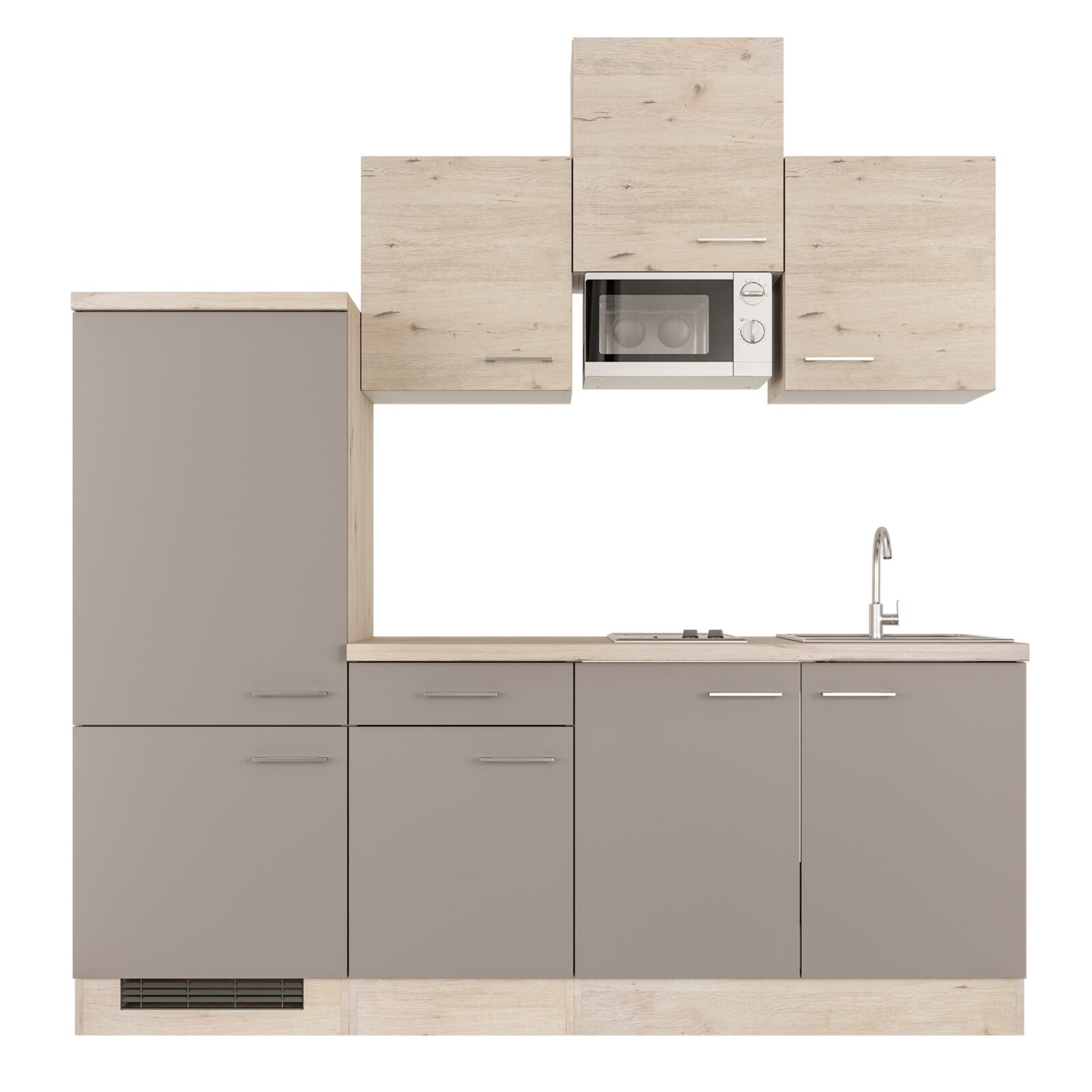 Küchenblock RIVA - Quarz Cubanit - San Remo Eiche hell - mit E-Geräten - 210 cm
