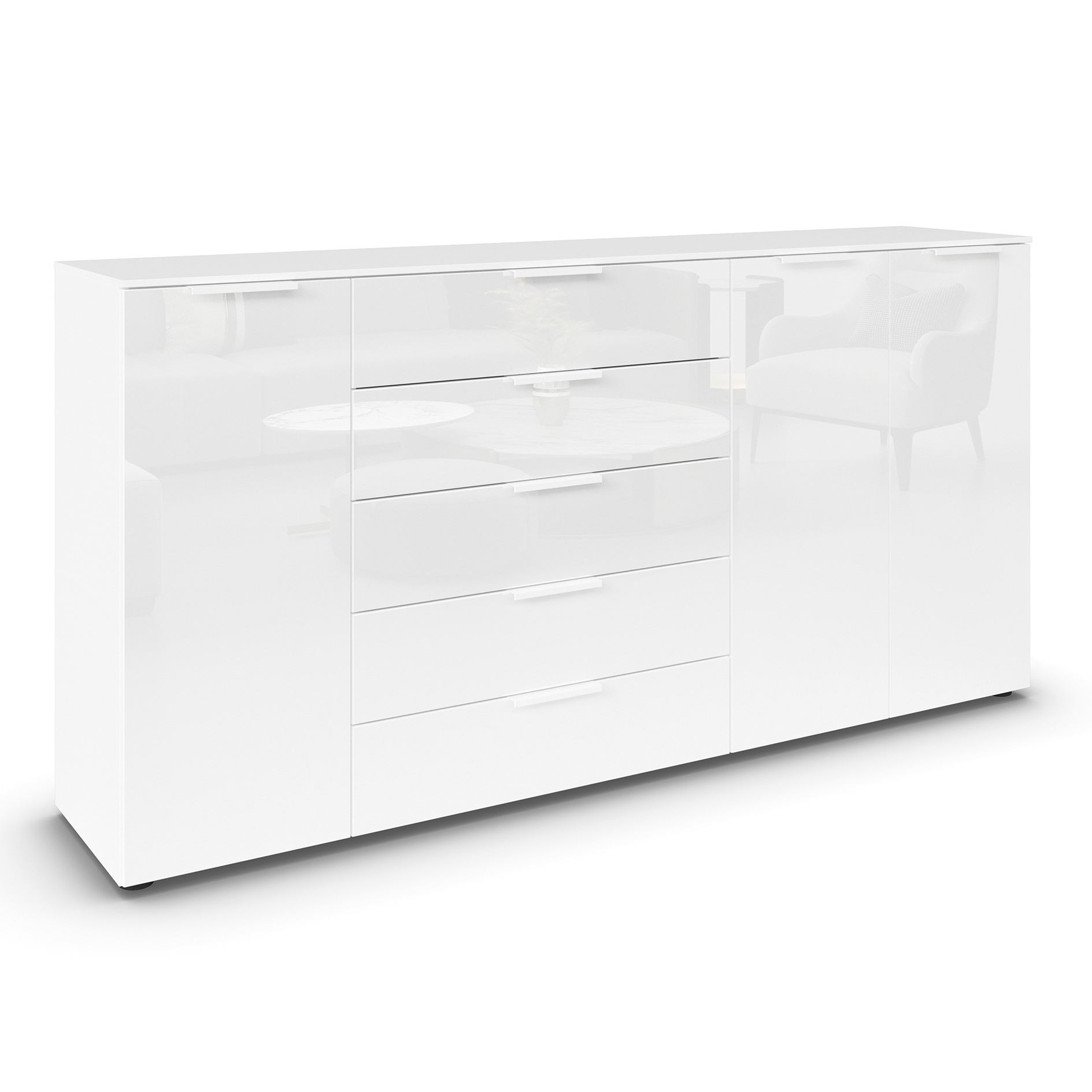 Kommode - alpinweiß-Kristallweißglas - weiße Griffe - 199 cm