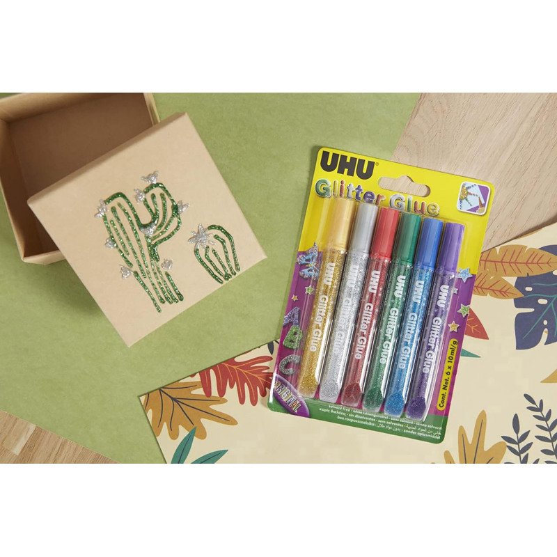Colle pailletée Glitter Glue UHU couleurs Original - Etui de 6