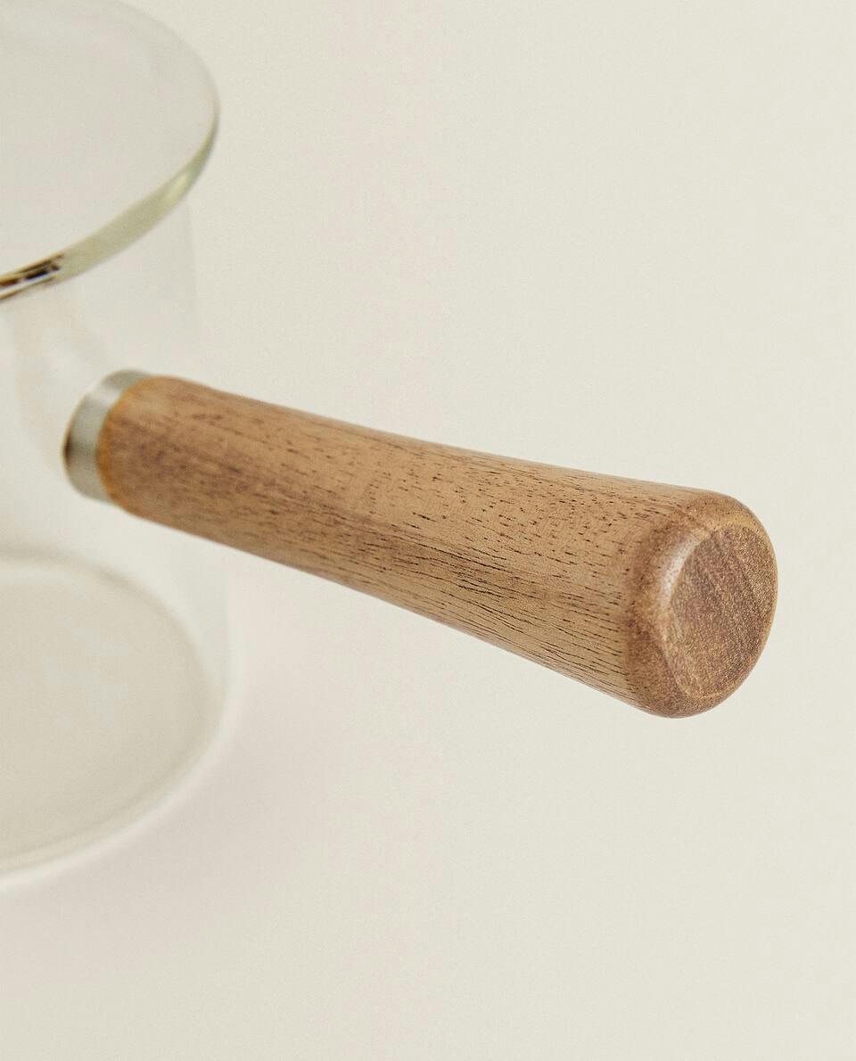 JARRA DE LEITE DE VIDRO BOROSILICADO E MADEIRA