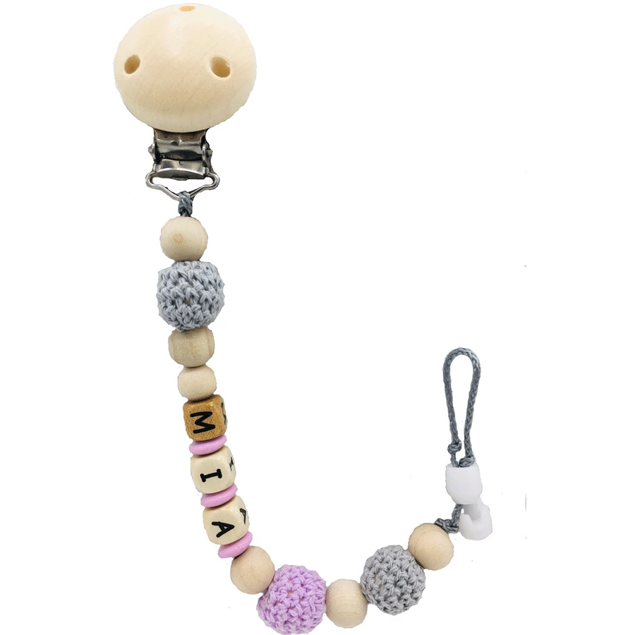 Schnullireich Schnullerkette mit Namen Häkelperle (Holz) Rosa
