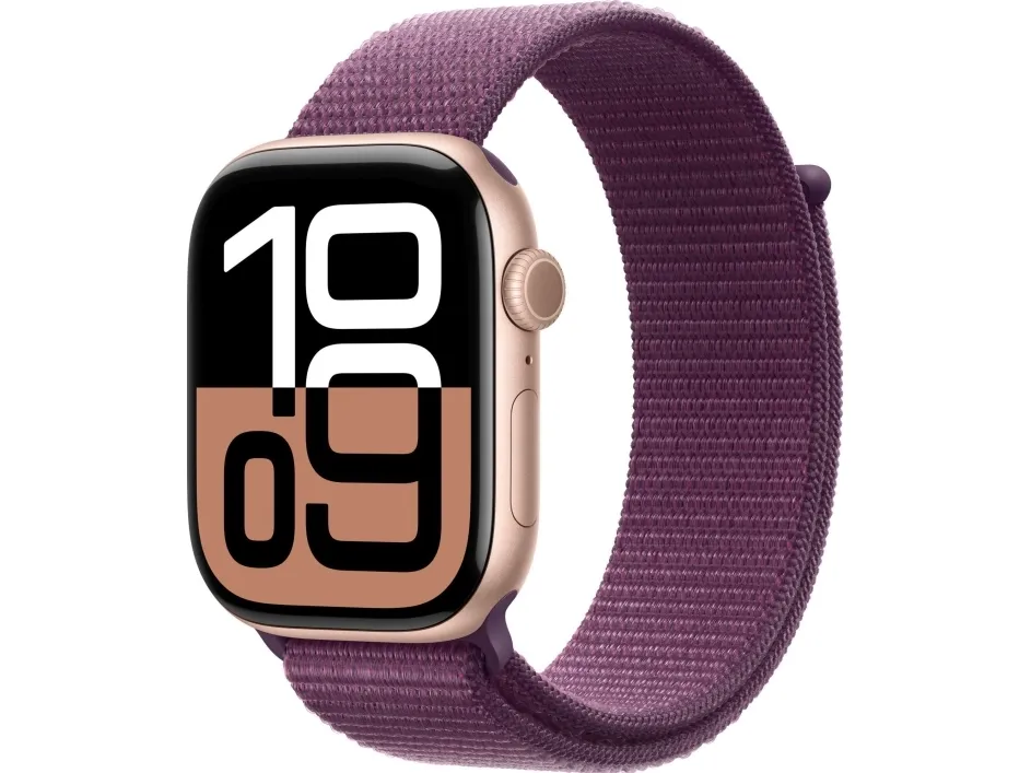 Apple Watch Series 10 (GPS) - 46 mm - roseguldaluminium - smart ur med sportsløkke - blød dobbeltlagsnylon - blomme - håndledsstørrelse: 130-200 mm - 64 GB - Wi-Fi 4, UWB, Bluetooth - 36.4 g