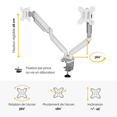 Fellowes Platinum series - Bras porte écran double réglable - fixation sur bureau - blanc