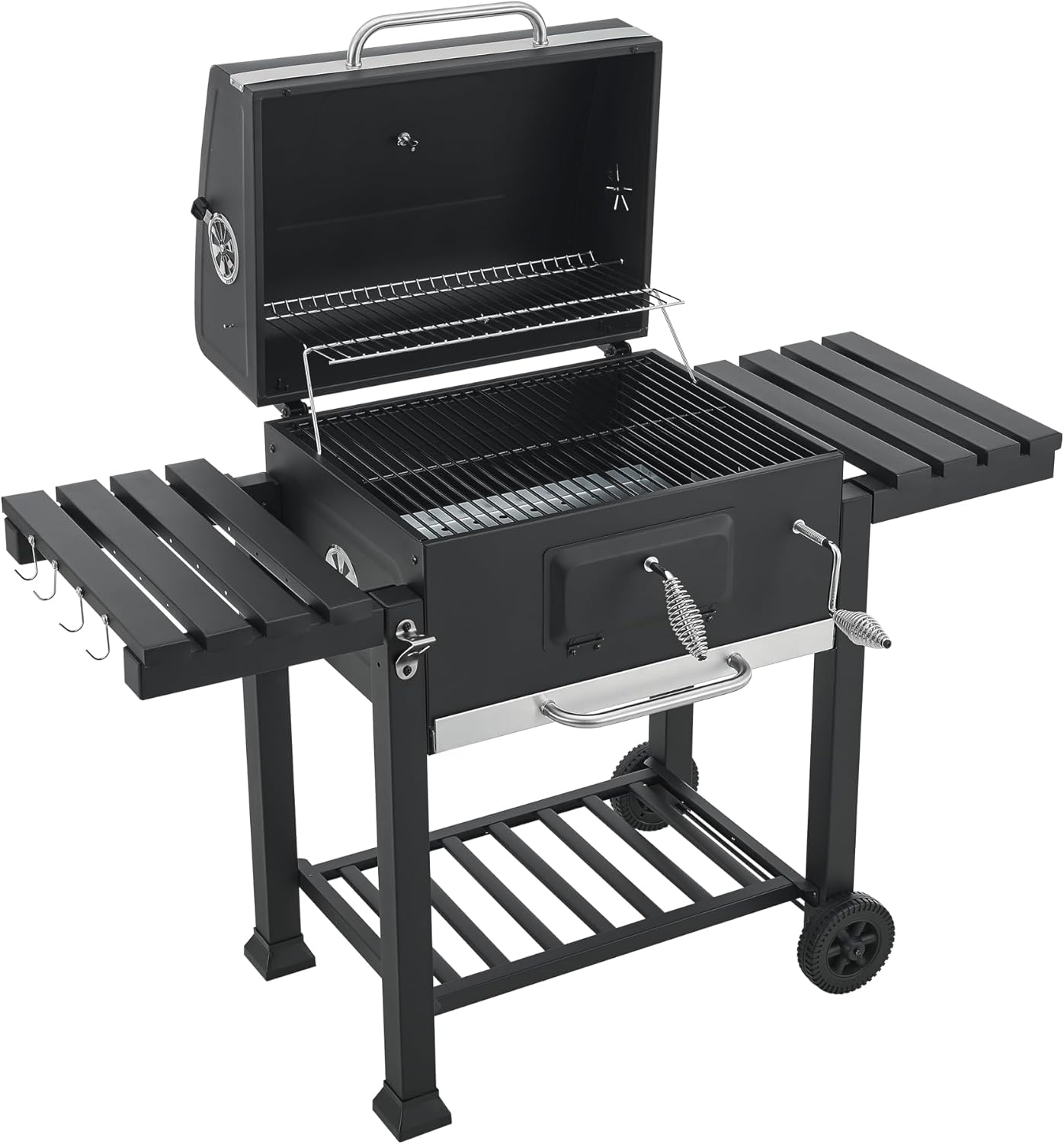 casa.pro Grillwagen Arnad Holzkohlegrill mit Deckel BBQ Kohlegrill mit Grillrosten Gartengrill 2 Räder Deckelthermometer aufklappbare Ablagen 105x135x47,5cm Schwarz