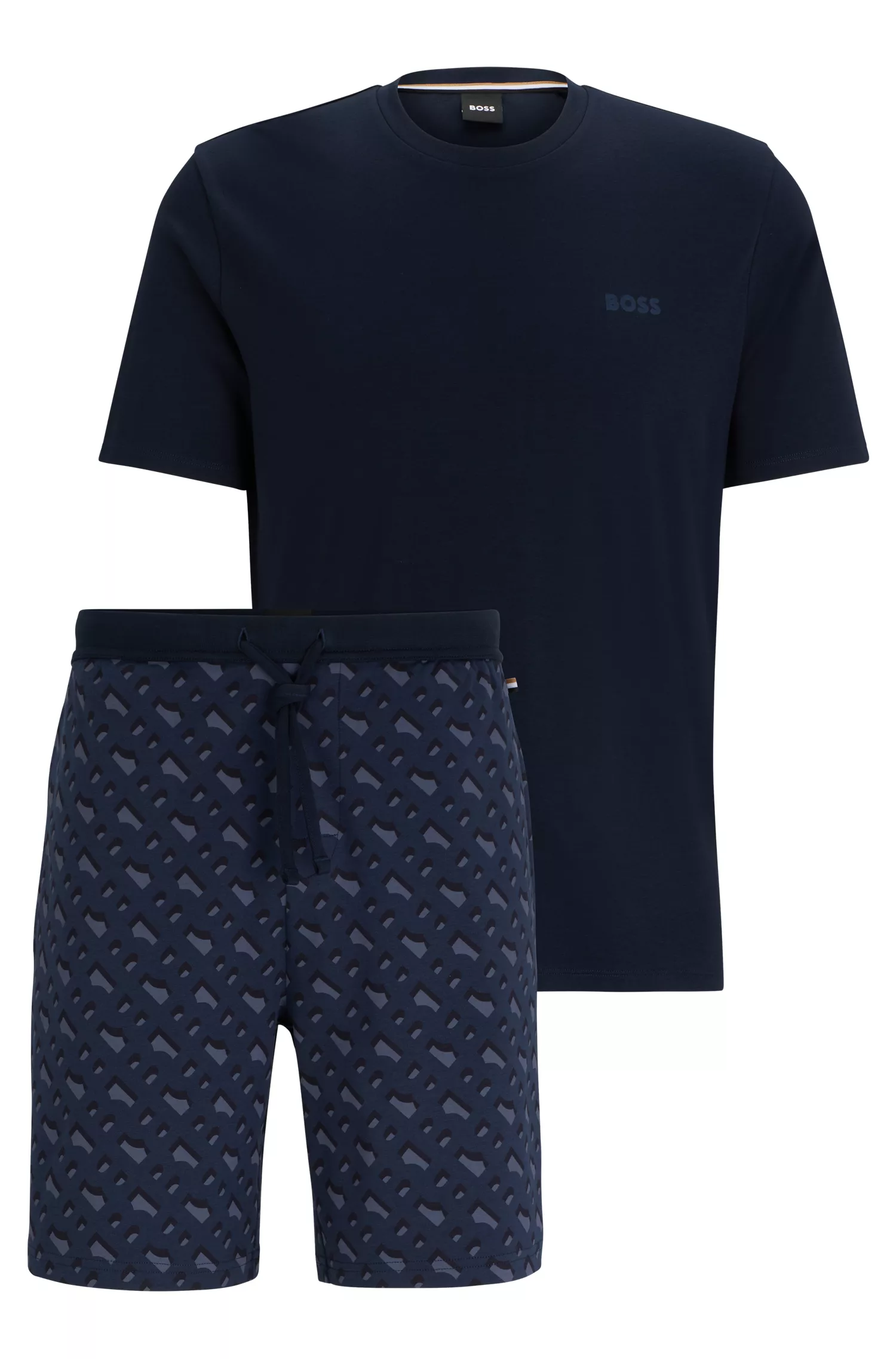 Pijama BOSS preto em algodão interlock com a marca estampada, em caixa de presente.