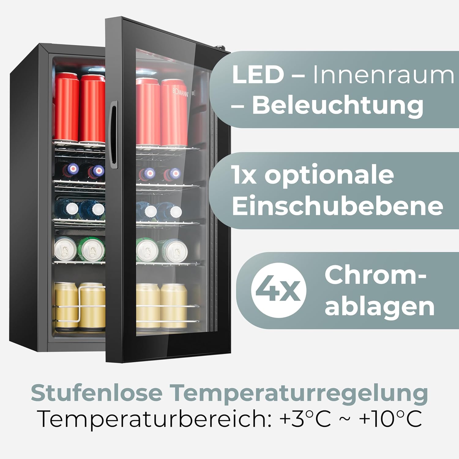 Bomann® Kühlschrank mit Glastür – Flaschenkühlschrank 63 L | Platz für bis zu 89 Dosen (0,33 l) | Getränkekühlschrank für Bier, Party & Büro | 74 cm | LED-Beleuchtung | leise | 4 Ablagen | KSG 7515