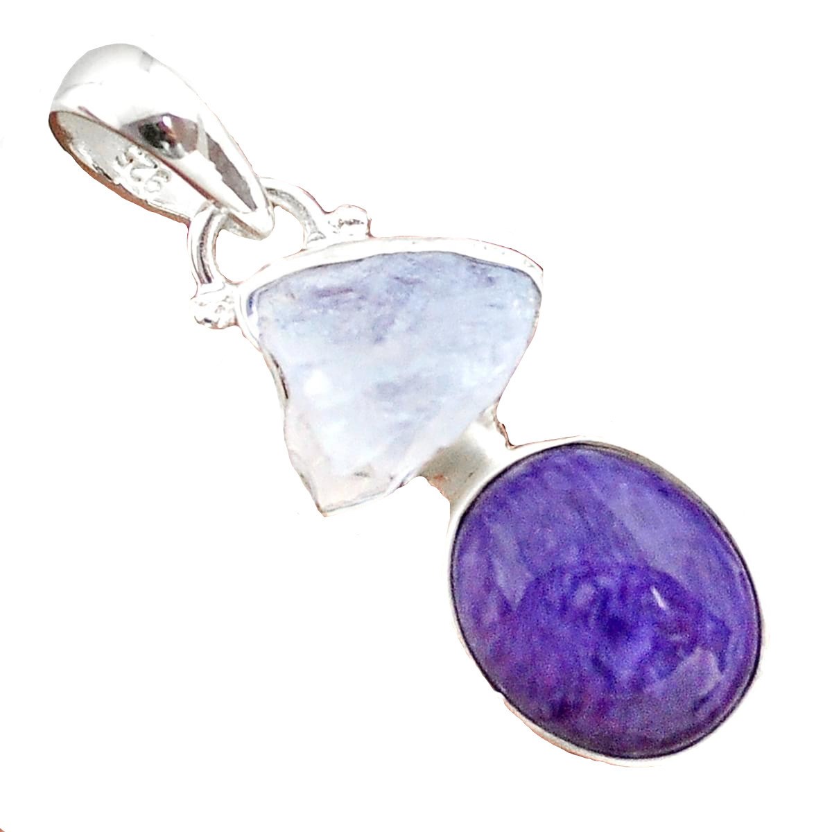 Pendentif en charoite, pierre de lune brute et argent 2,3cm gxi207