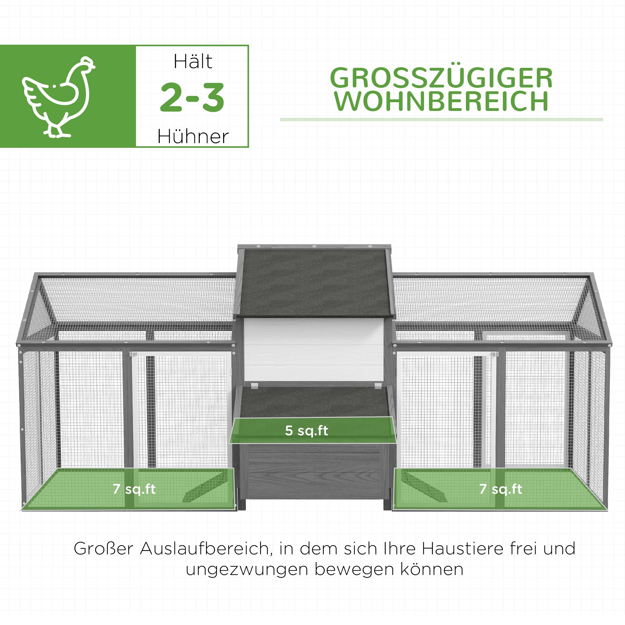 PawHut Hühnerstall mit Nistkasten und beidseitigem Außengehege grau 247L x 125B x 113,5H cm