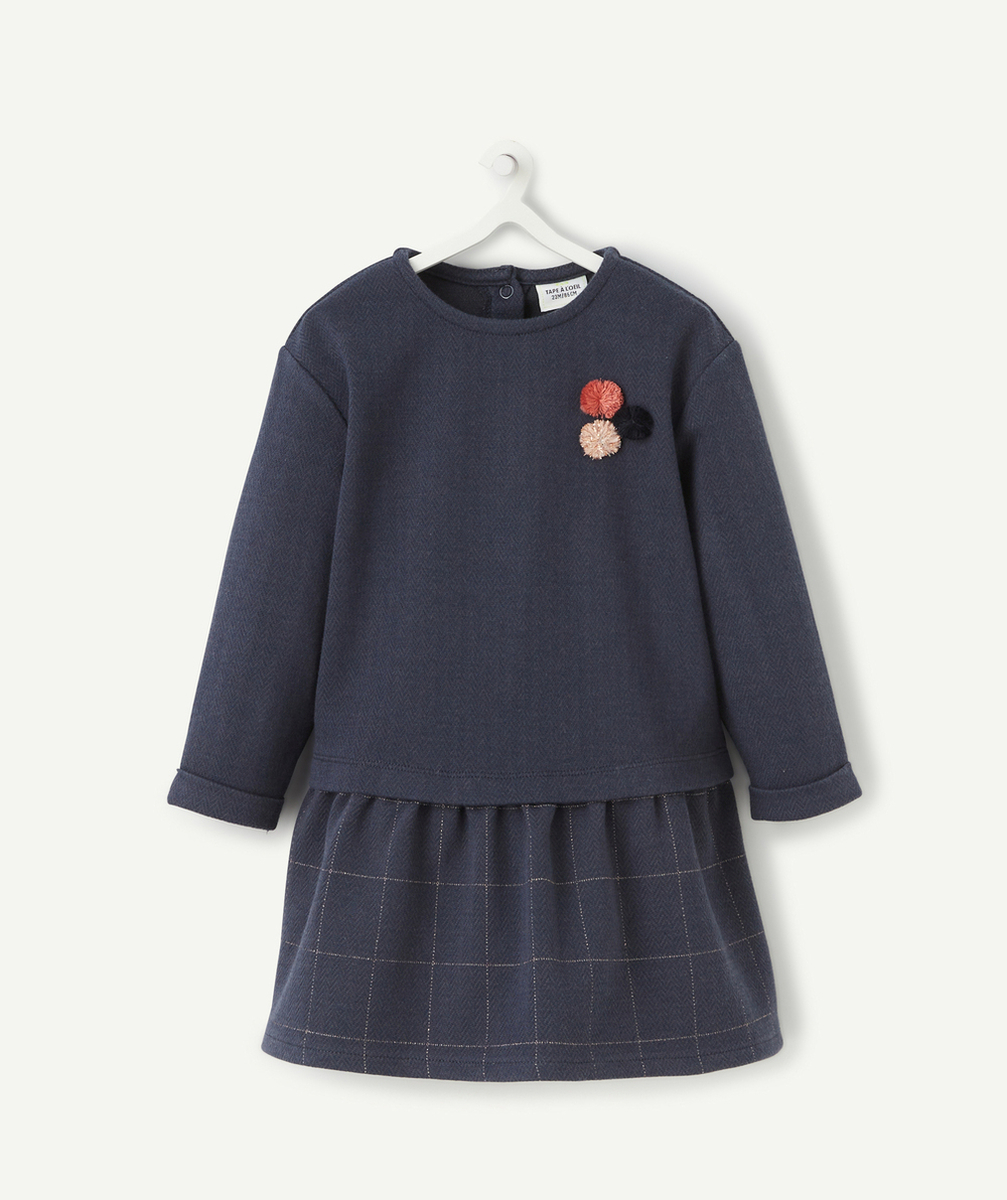 ROBE AVEC PULL INTÉGRÉ BLEU MARINE BÉBÉ FILLE AVEC POMPONS COLORÉS