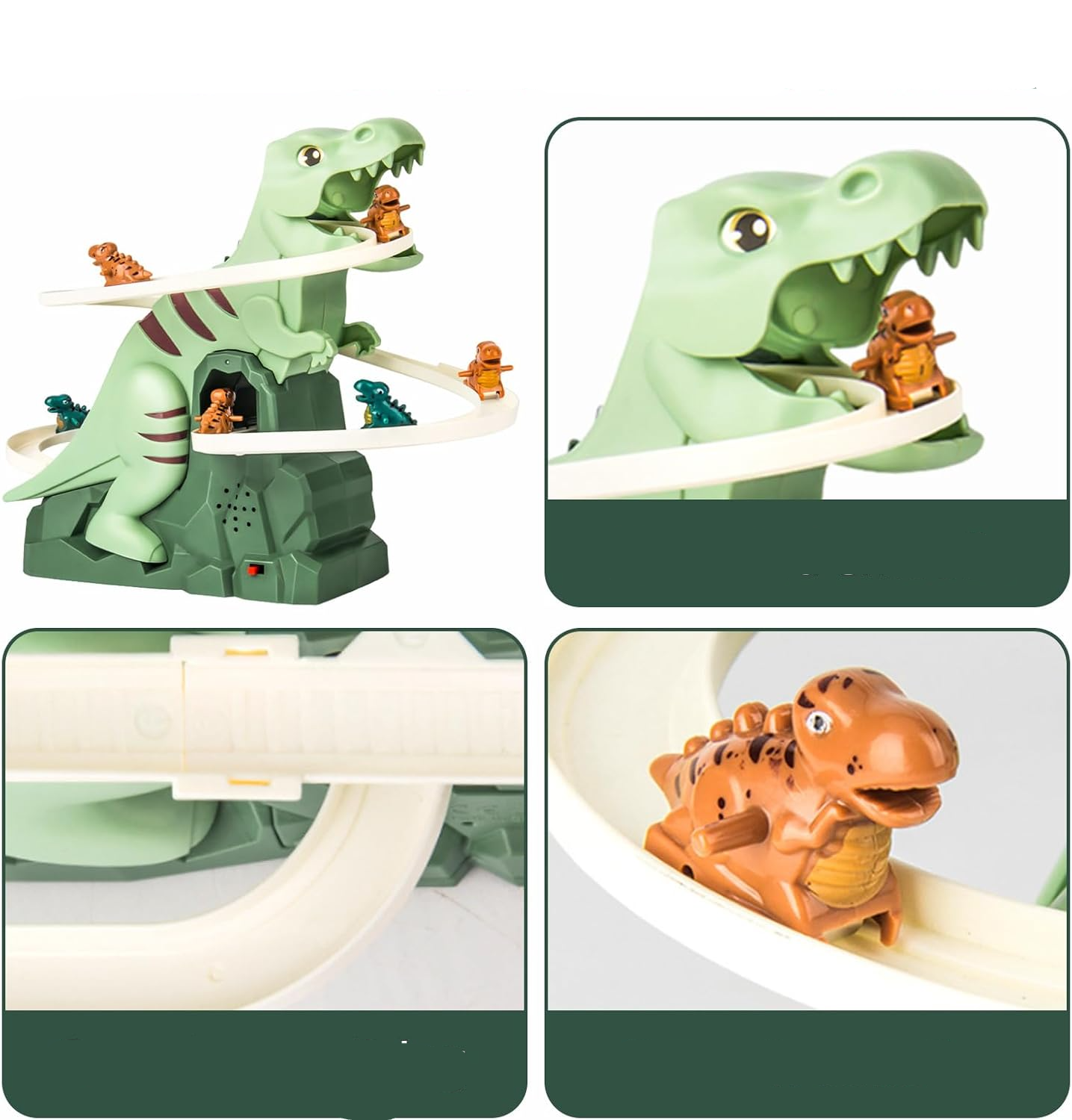 (4-tlg. Set) Kinder Dino Treppensteiger Spiel Achterbahn Dinosaurier Rutsche Spielzeug mit Sound Effekten (Batteriebetrieben) - Grün
