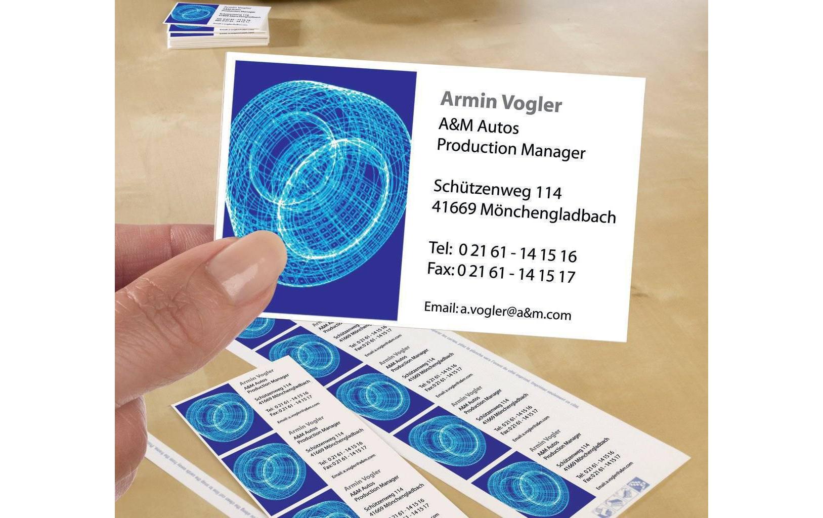 Visitenkarten-Etiketten Laser 85 x 54 mm 100 StückEtiketten für Drucker, 85x54 mm, weiss