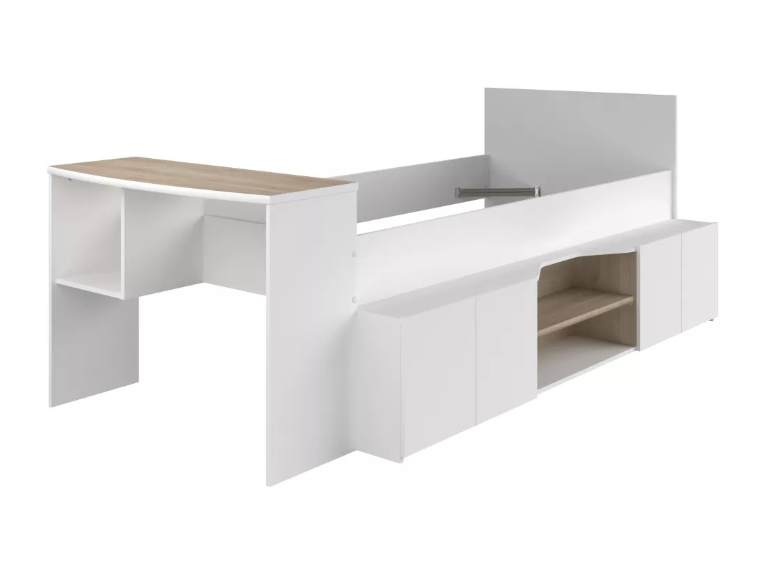 Lit combiné 90 x 190/200 cm avec bureau et rangements - Blanc et naturel - JOCHIANE