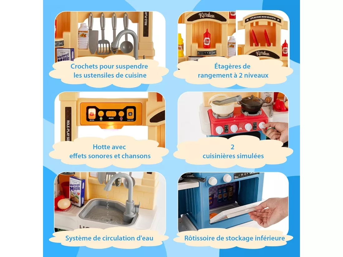 69 Pcs Cuisine Enfants avec Effets de Vapeur & d'Ebullition, Jeux de Cuisine Enfants avec Lumières et Sons Réalistes, Jouet d’Imitation pour Enfants de 3 Ans+, 64,5 x 24 x 83 cm (Bleu)