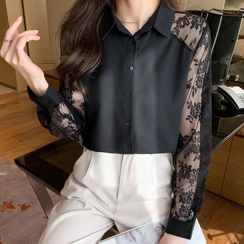 Coline - Shirt met lange mouwen en bloemenkant