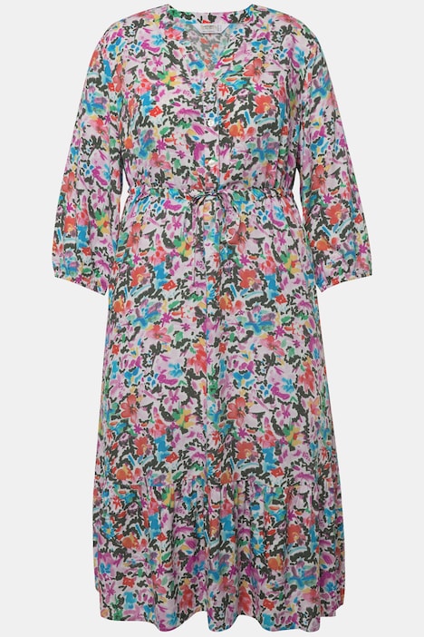 Maxikleid, A-Linie, Blütenmuster, V-Ausschnitt, 3/4-Ärmel