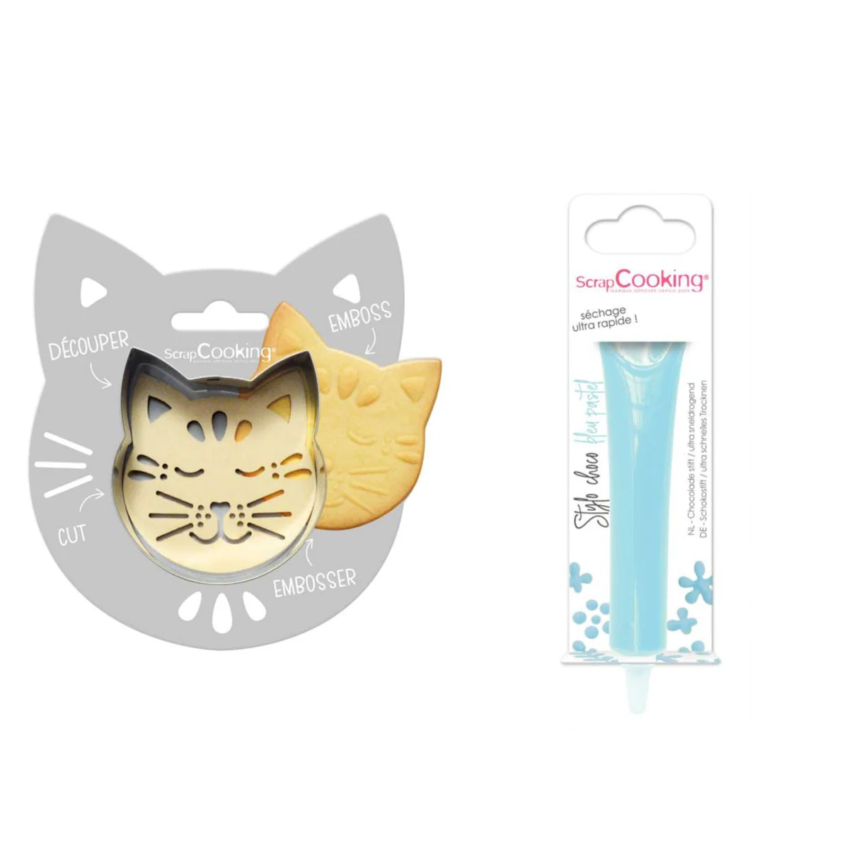 Kit pour biscuit en relief Chat + Stylo au chocolat bleu pastel Scrapc