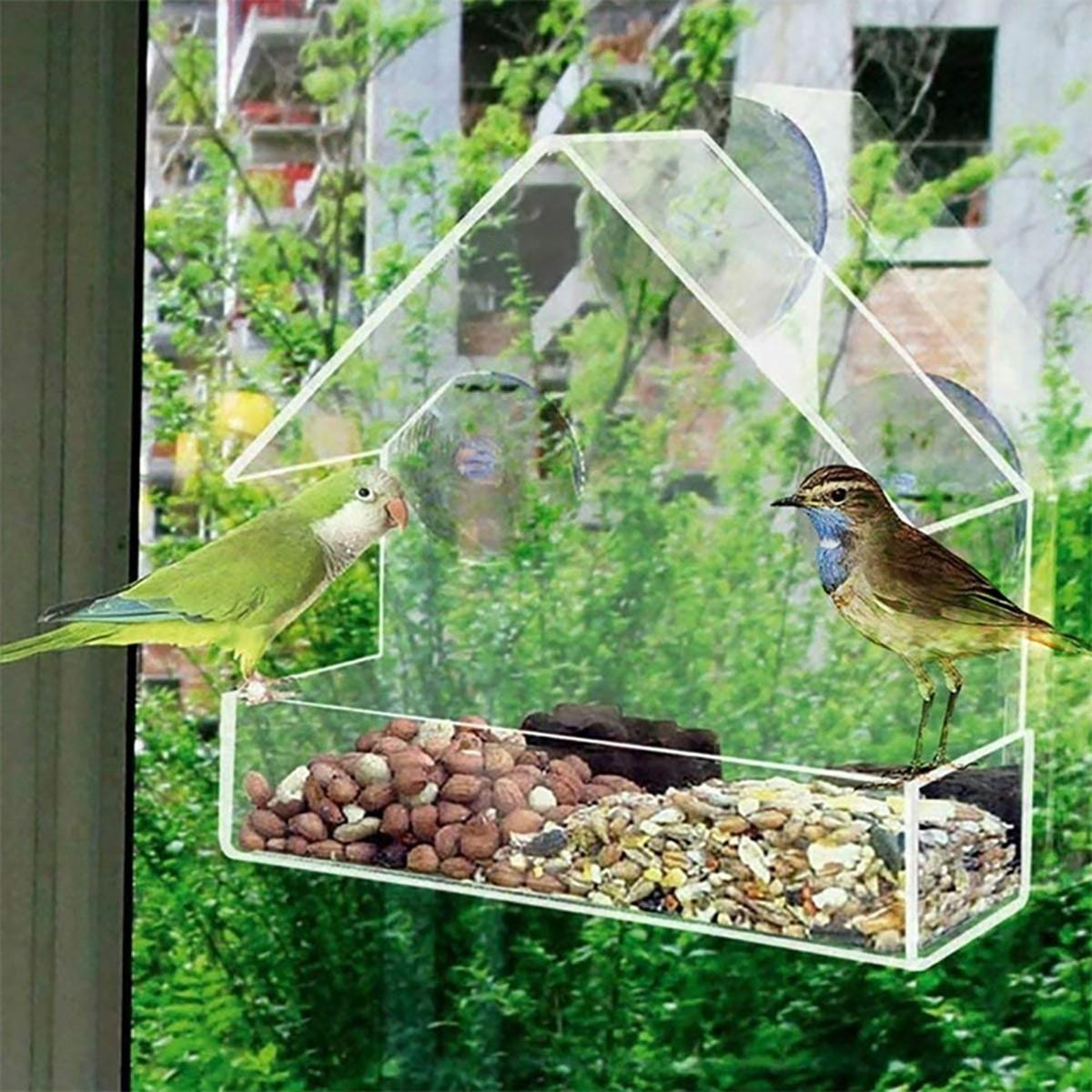 (15x15cm) Acryl Fenster Vogel Haus Outdoor Futterspender Deko Vogelhäuschen mit Saugnäpfen - Transparent
