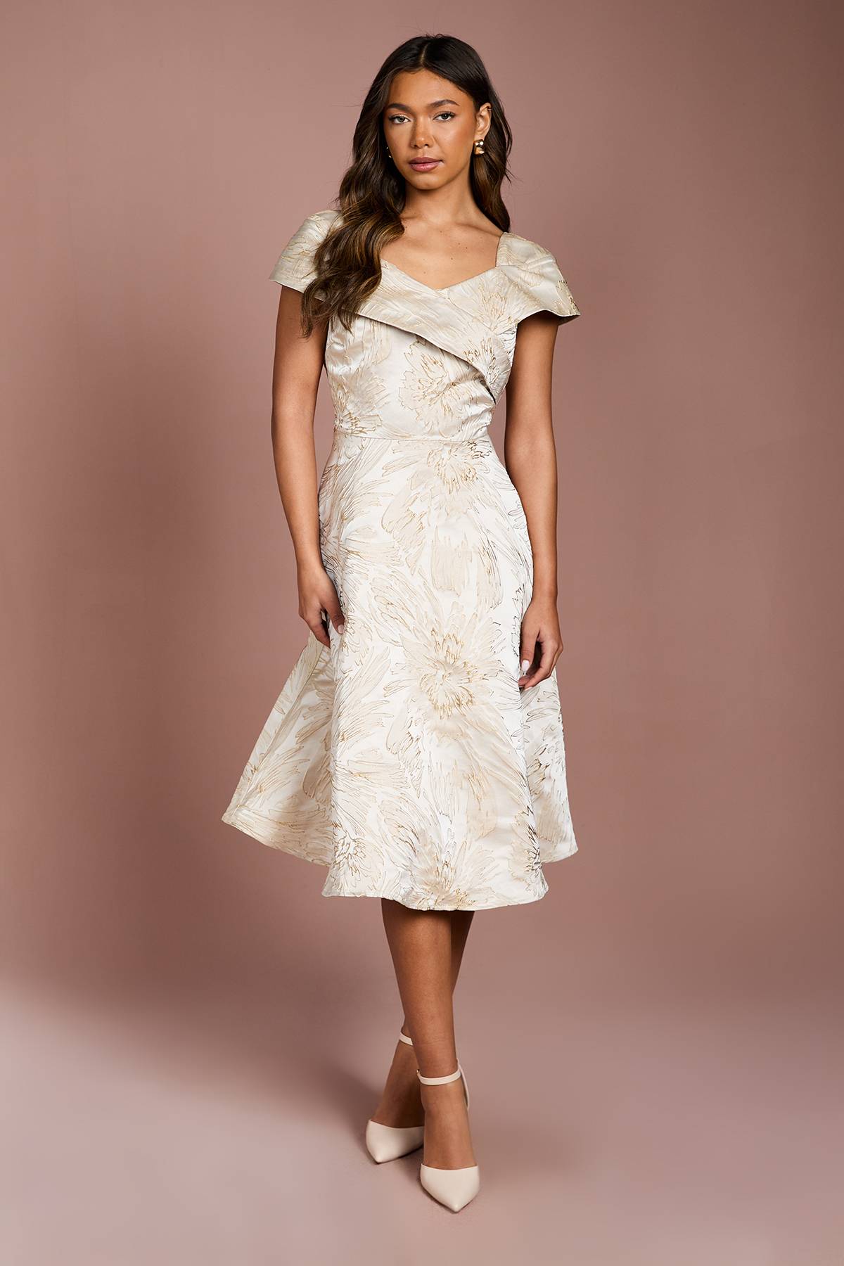 Coast Robe Midi Évasée en Jacquard à Épaules Dénudées