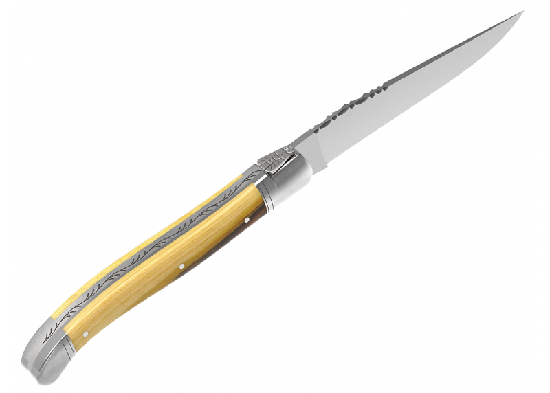 Couteau Laguiole avec un manche en bois de pistachier et 2 mitres en acier inoxydable