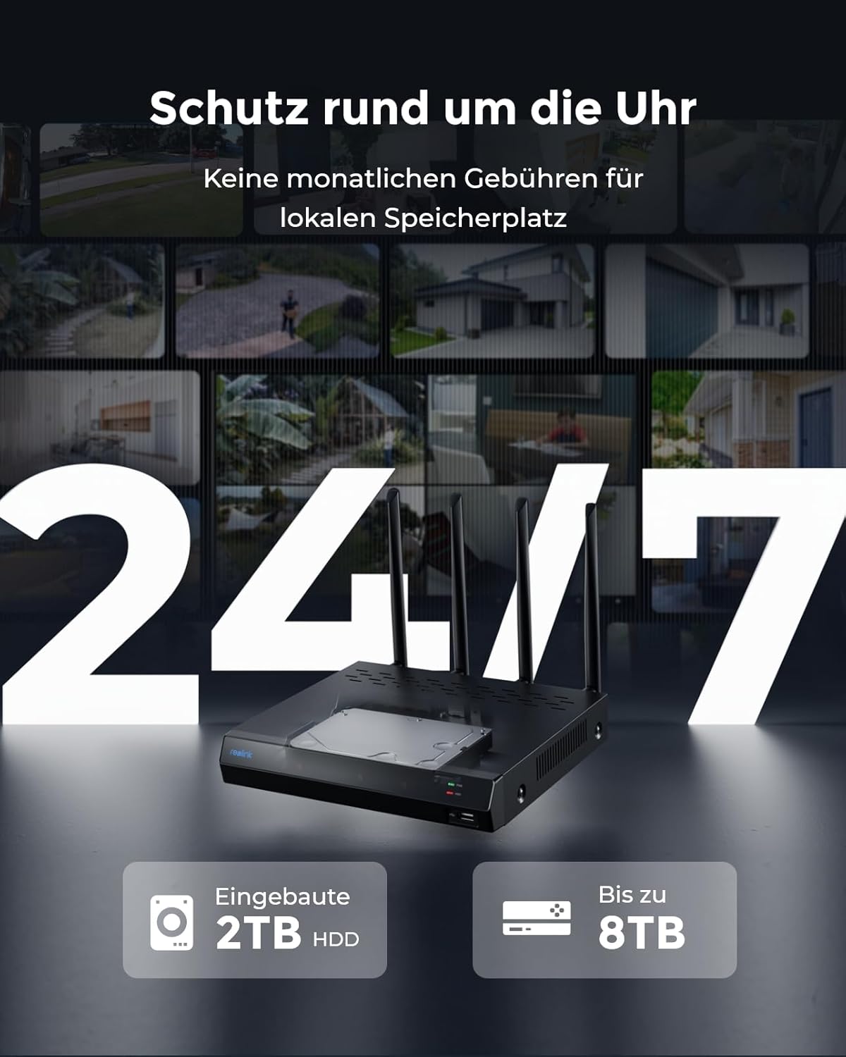 Reolink 4K WLAN Überwachungskamera Set Aussen, 4X 8MP Wi-Fi 6 Kamera Aussen, 12CH WLAN NVR mit 2TB HDD, Vollmetallmaterial, Farbnachtsicht, Person/Fahrzeug/Tiererkennung, 2-Wege-Audio, RLK12-800WB4