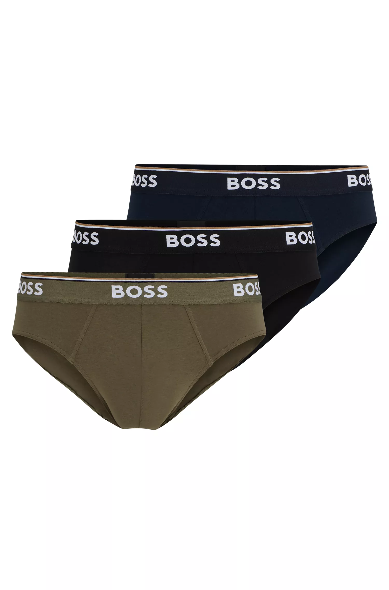 Cuecas BOSS pretas, pacote triplo de algodão elástico com cós com logotipo.