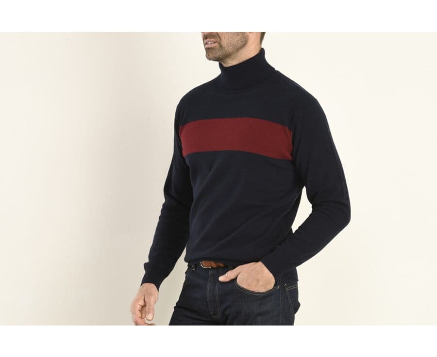 Pull col roulé homme laine Bleu Marine et Rouge Foncé - EMERY