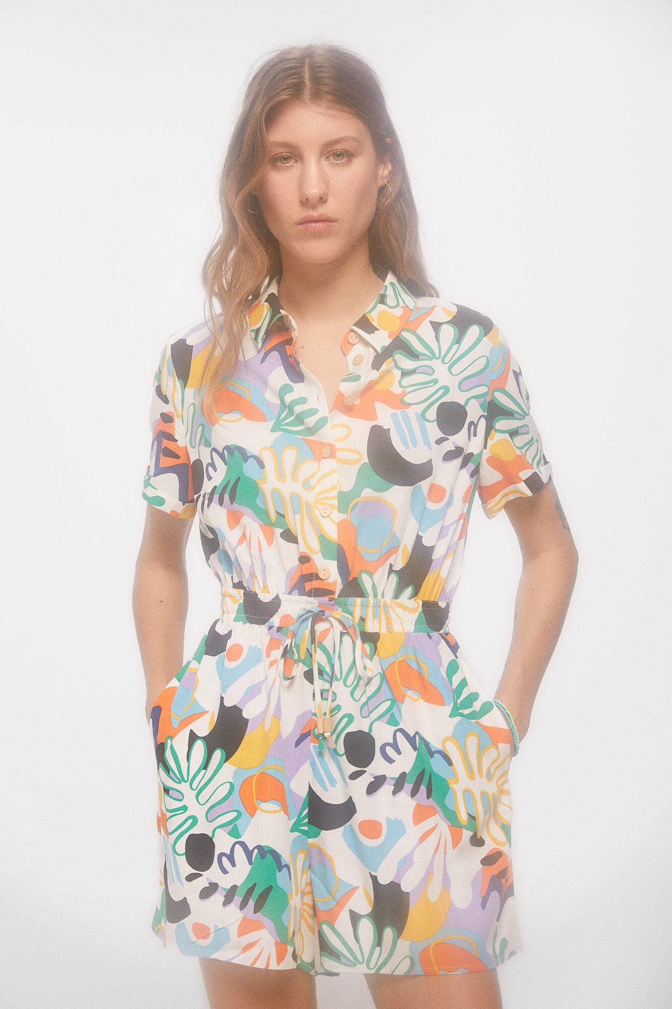 Macacão camisa estampado - Amarelo