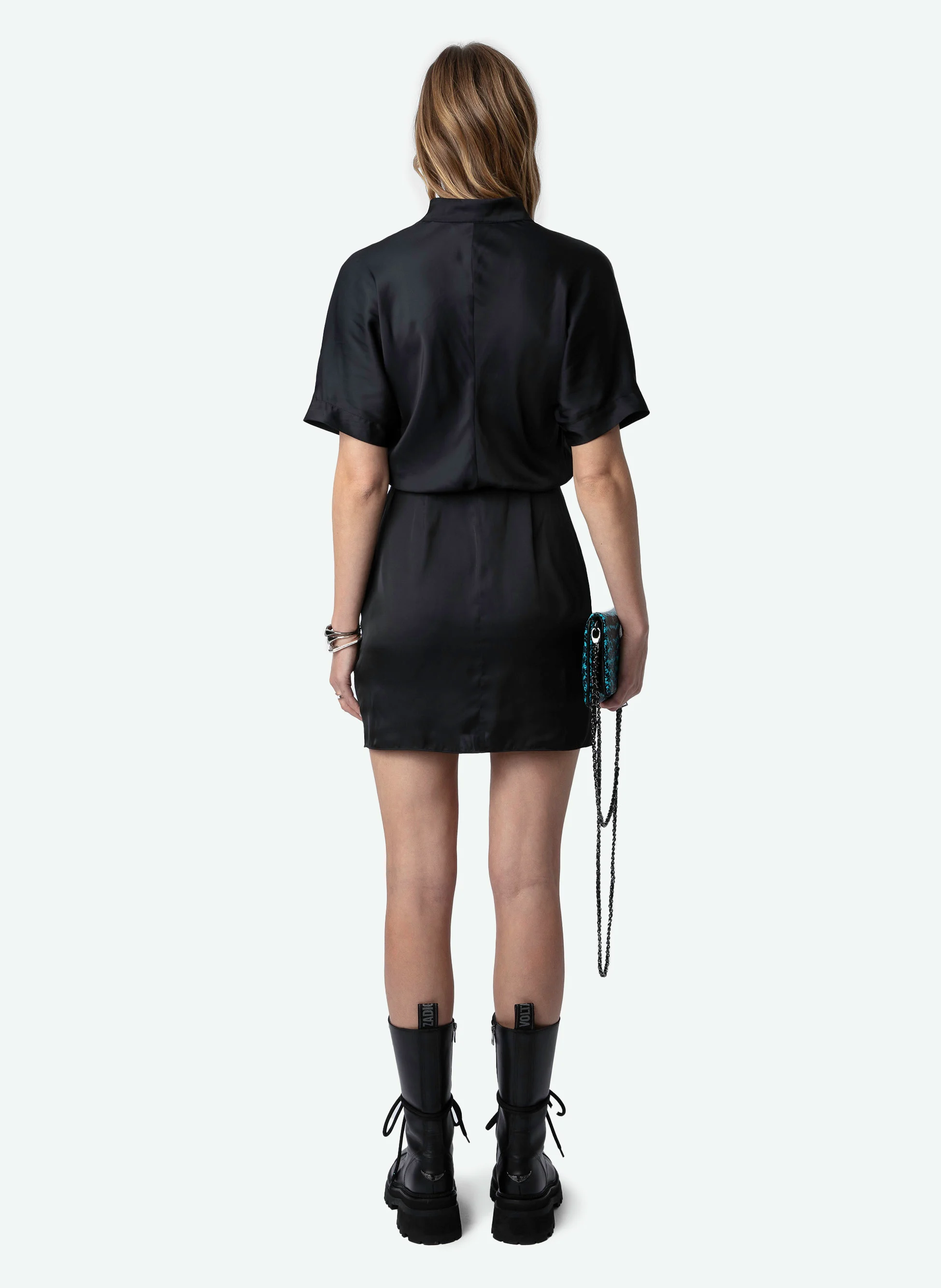 RAITO - Robe courte col tunisien en satin| Noir