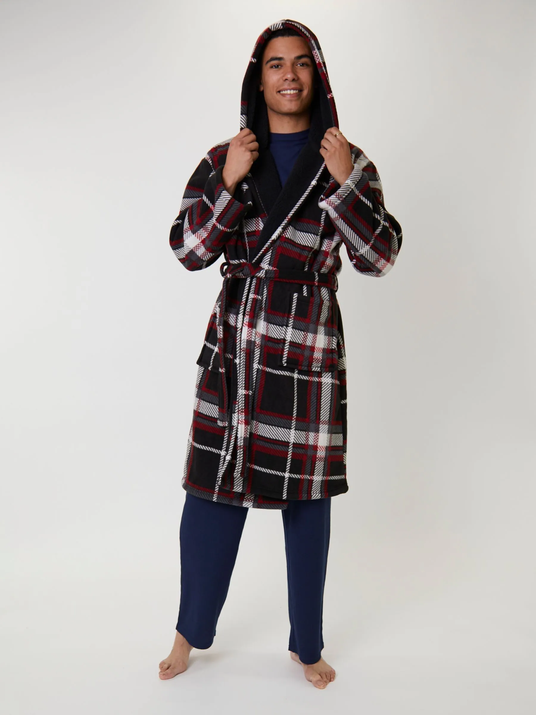 Rood - Loungeable Ruit bonded fleece gevoerde kamerjas met capuchon