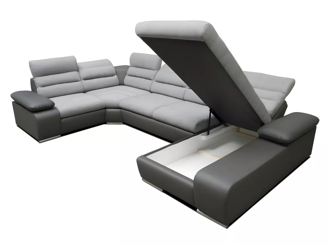 Canapé d'angle panoramique convertible en tissu et simili BOILEAU - Bicolore gris/anthracite - Angle droit