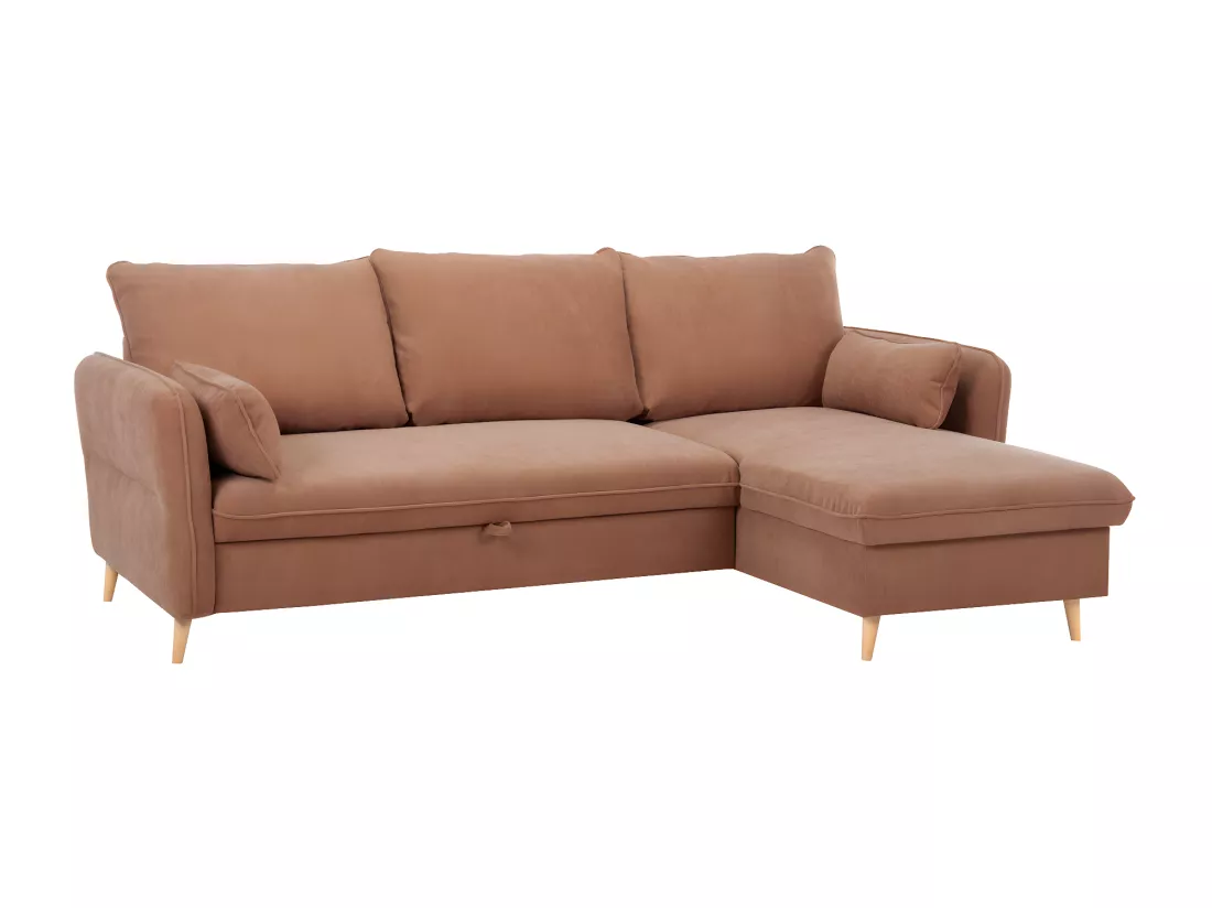 Canapé d'angle convertible réversible avec coffre 3-4 places en tissu effet velours terracotta et bois clair DRISS