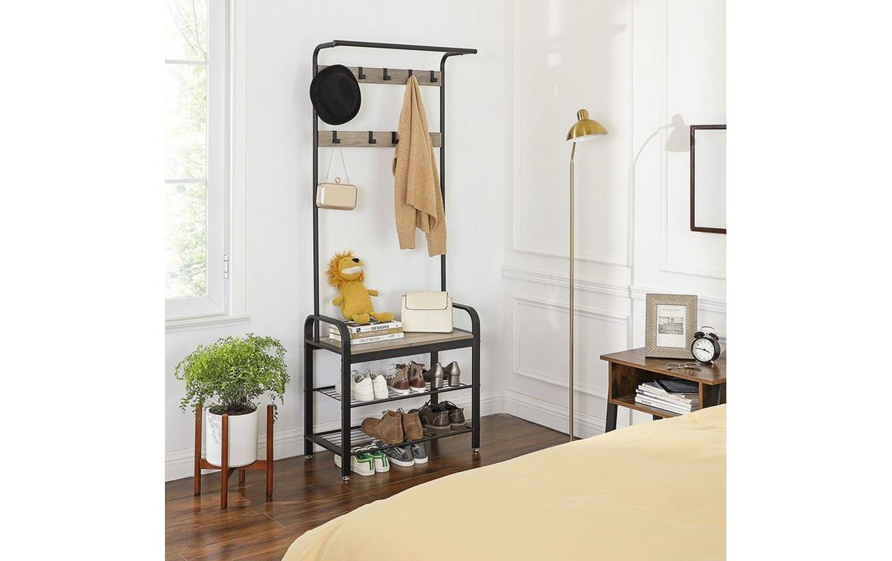 Garderobe mit Schuhablage 183 cm, Grau/SchwarzKleiderständer mit Sitzbank