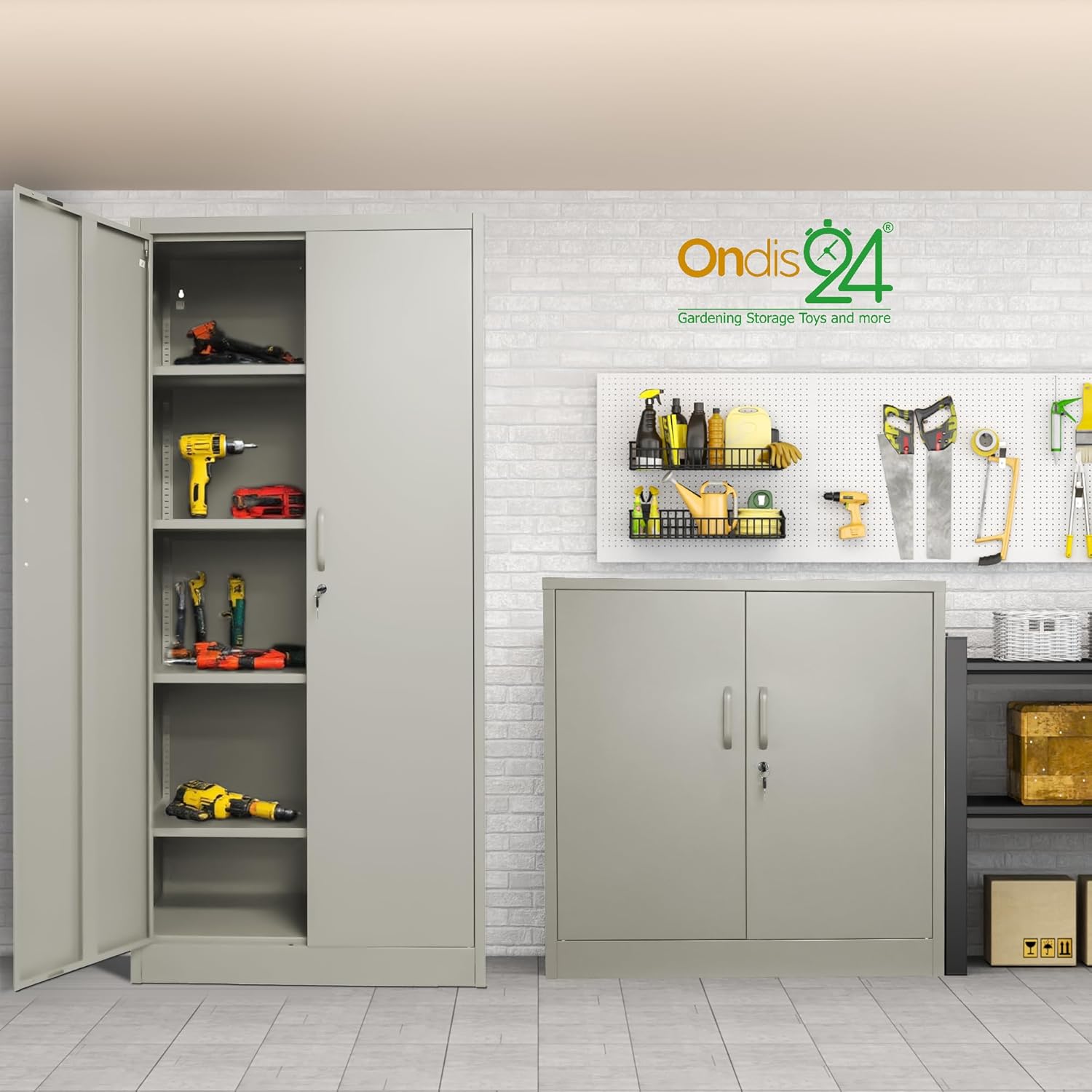 Ondis24 Aktenschrank, Büroschrank, Stahlaufbewahrungsschrank, Werkzeugschrank, Aktenschrank abschließbar, verstellbare Ablagen, mit Türmagnet, Griffen Robust und sicher (Grau, 170)