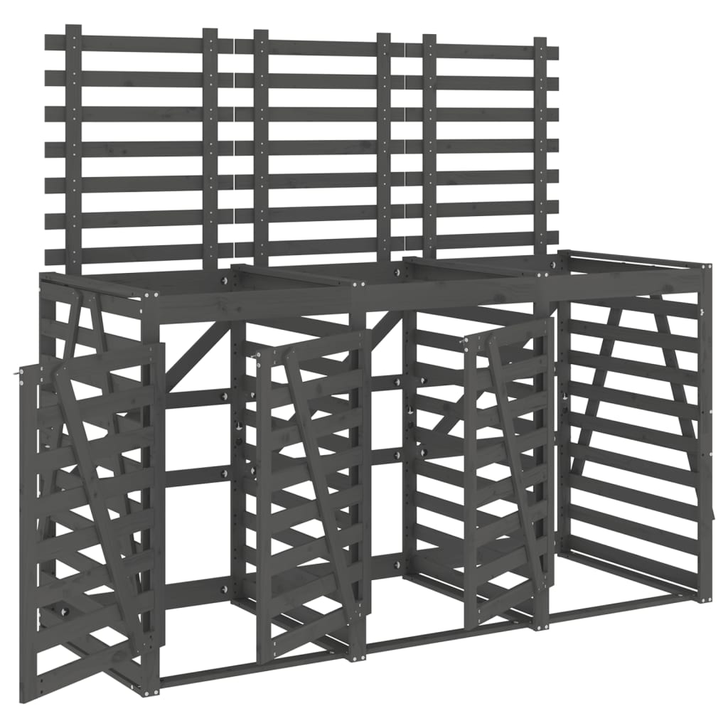 Abri pour poubelle triple sur roulettes gris bois massif de pin
