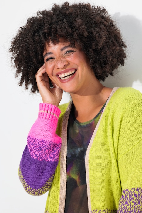 Strickjacke, offene Form, Feinstrick, Blockstreifen, Langarm