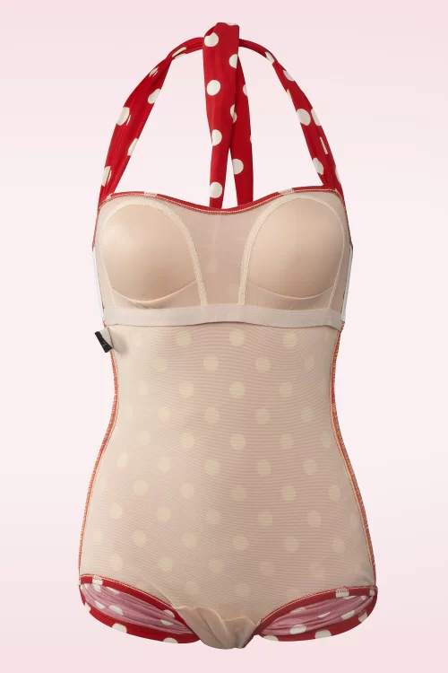 Esther Williams Klassiek badpak met polkadots in rood en wit
