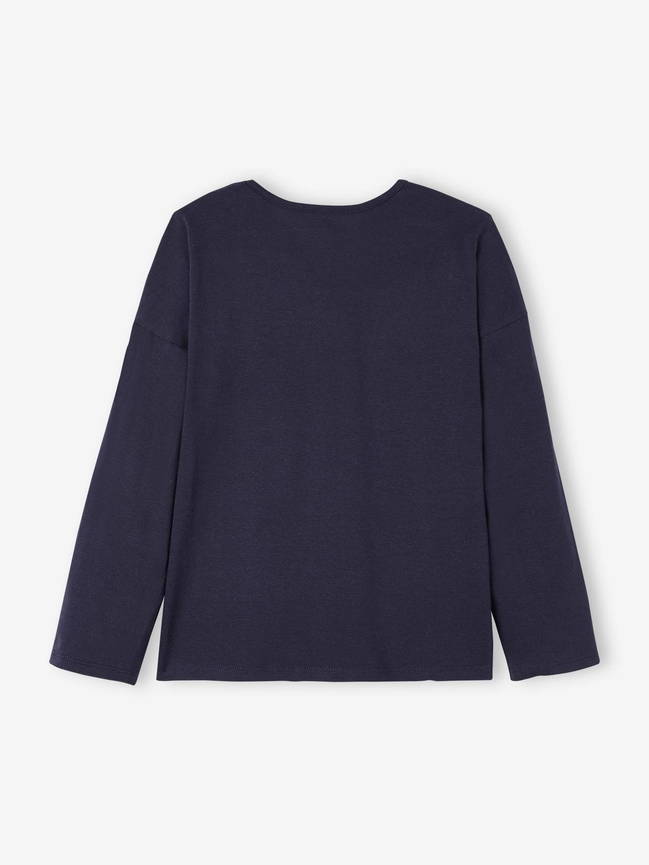Camiseta feminina com detalhes iridescentes, para meninas. Azul escuro liso com estampas.